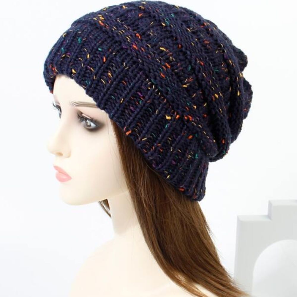 NEW! Cute Confetti Knit Minimalist Women's Beanie Hat Toboggan Cap Navy Speckled